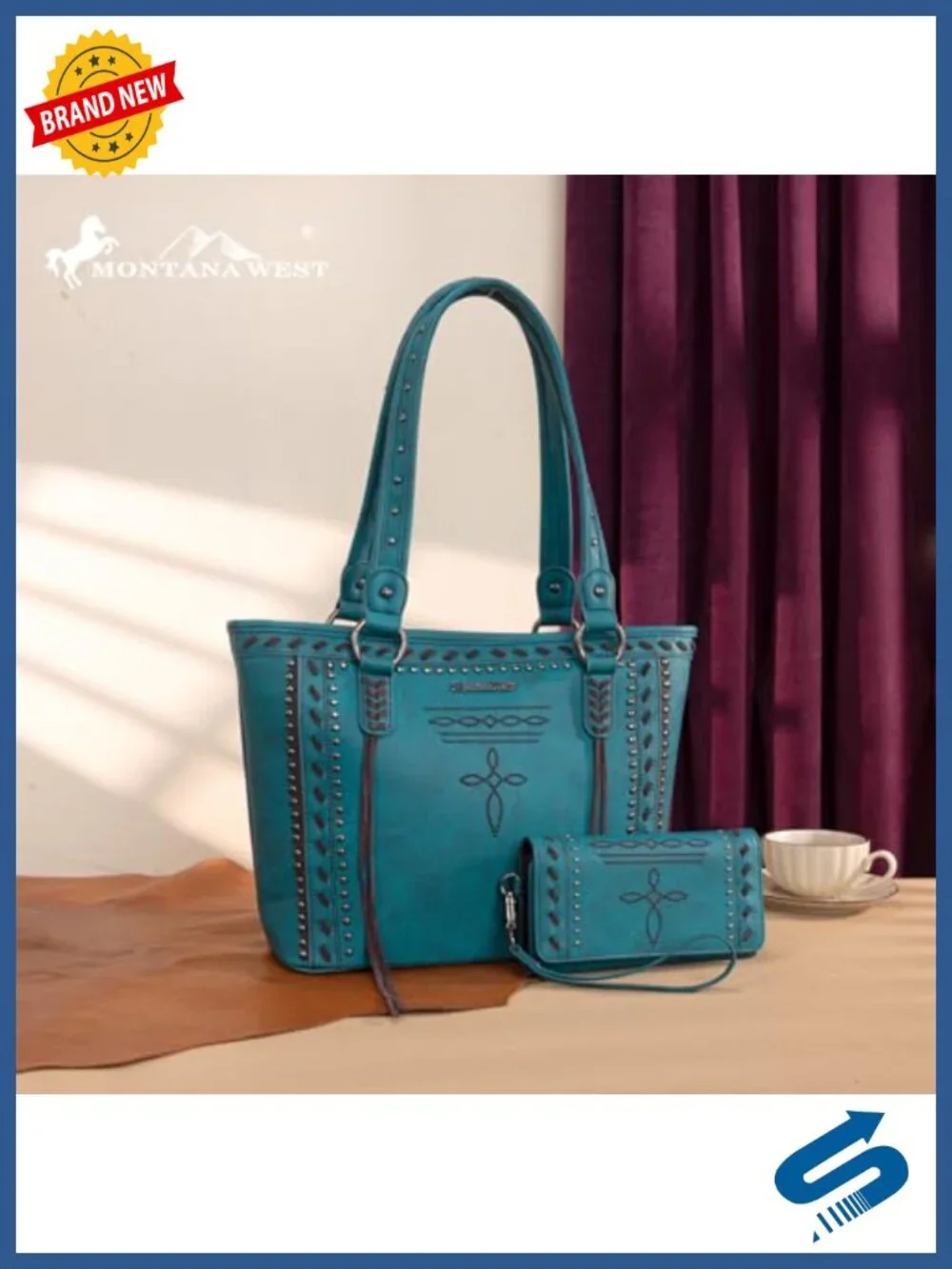Western Tote Bag with Wallet Vegan Leather Studded Shoulder Handbag
